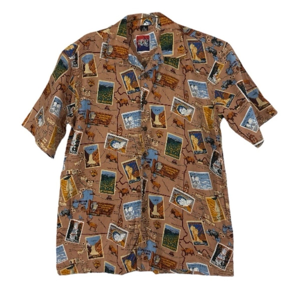Dem Crazy Button Up Shirt Mens XL BROWN Map Of Yellowstone All‎ Over Print